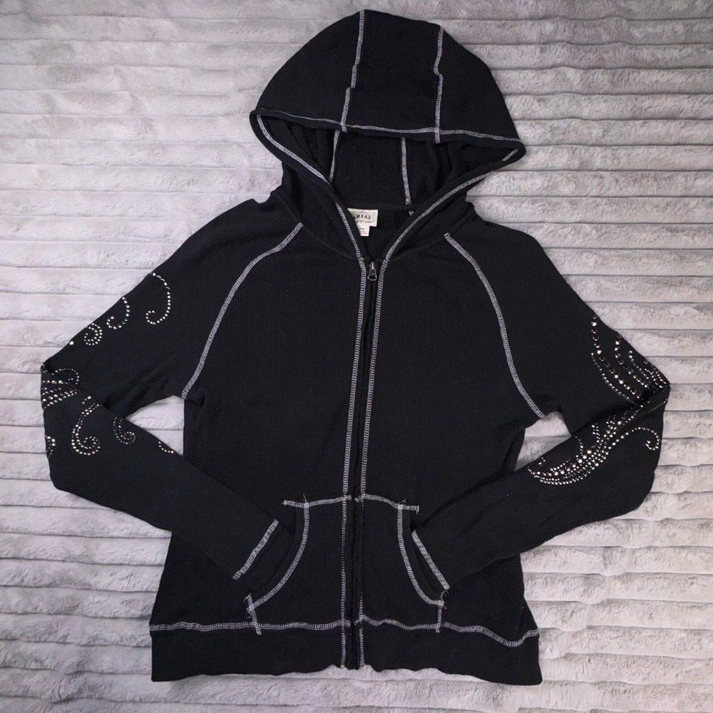 Ariat Jacket Womens XL Black Waffle Knit Thermal Studded Full Zip Top Y2K Grunge - Picture 2 of 11